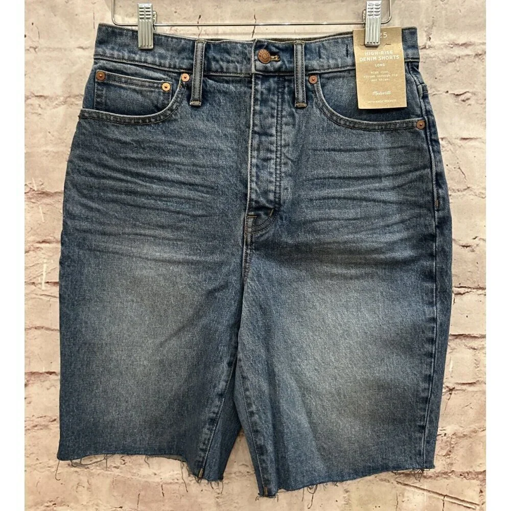 Madewell Womens High Rise Long Denim Shorts Button Fly Raw Hem Size 25 NEW